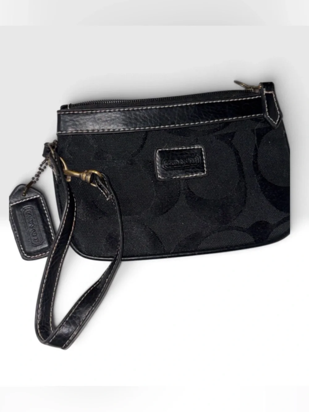 Coach Black Signature Wristlet with Leather Trim